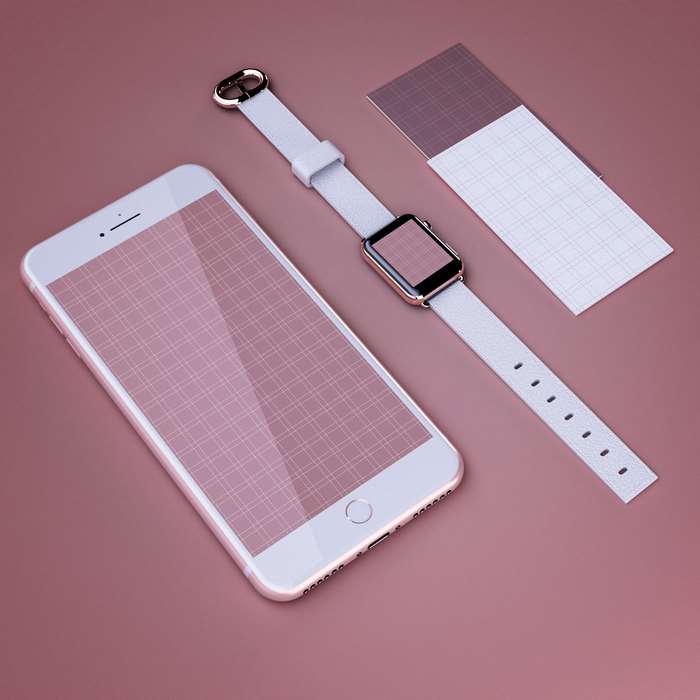 Rose gold iPhone 7 Plus and Apple Watch mock up