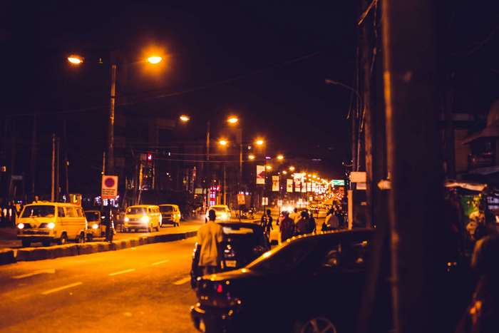 Night street scene in Lagos, Nigeria