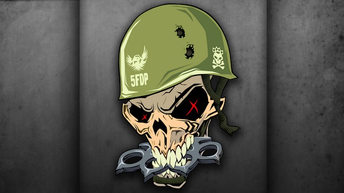 Skull with military helmet and brass knuckles