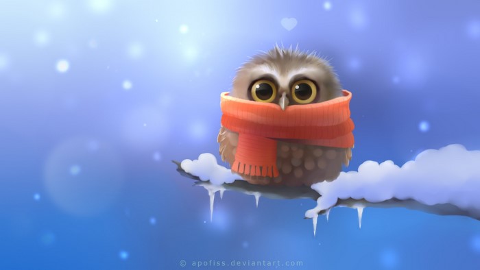 Cute Owlet Wearing a Scarf on a Snowy Branch