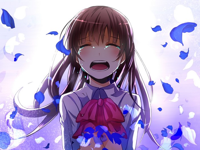 Crying Anime Girl with Blue Petals