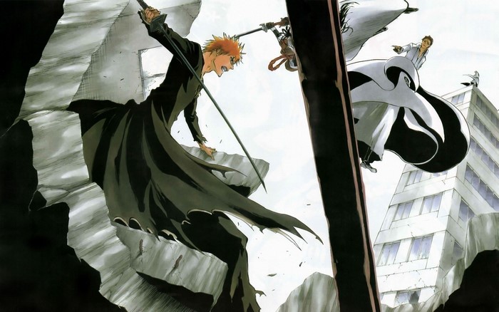Ichigo and Captain Aizen from Bleach in battle