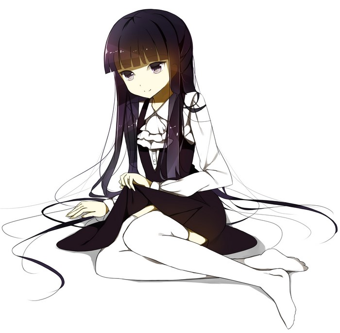 Anime girl with long dark hair sitting