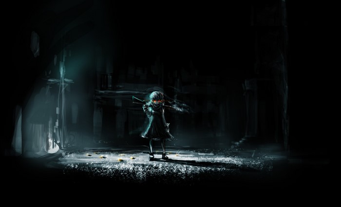 Dark anime girl with rifle in dark alley