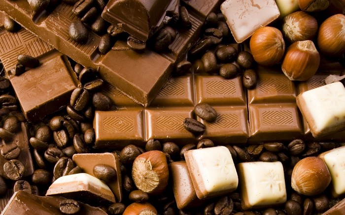 Chocolate bars, coffee beans, and hazelnuts
