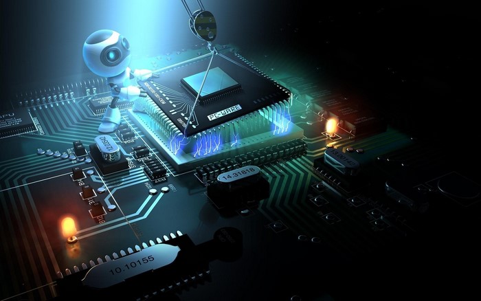 Futuristic Robot Installing Processor Chip