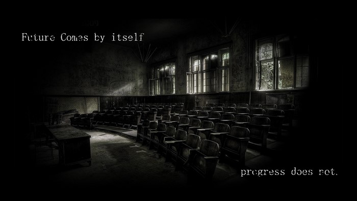 Abandoned lecture hall with text