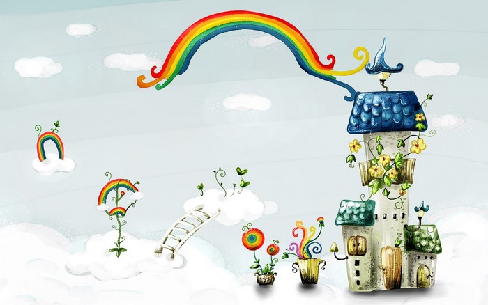 Fantasy houses and rainbows in the clouds