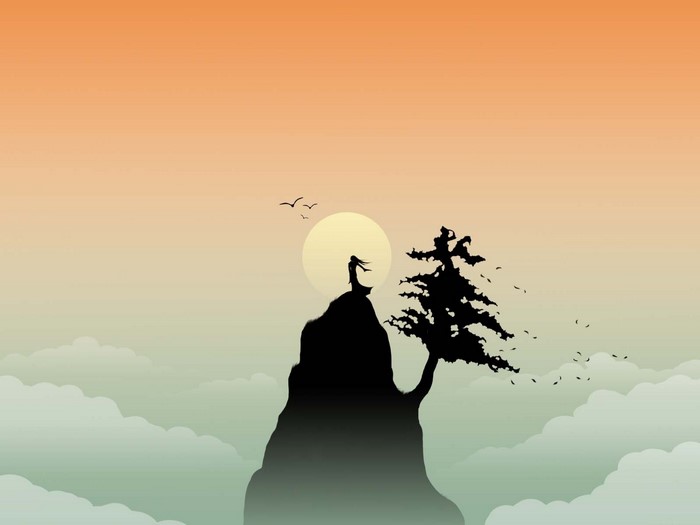 Silhouette of a person on a cliff with a tree