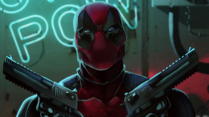 Deadpool holding two pistols in front of neon sign