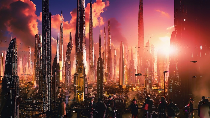 Futuristic city skyline at sunset with flying vehicles