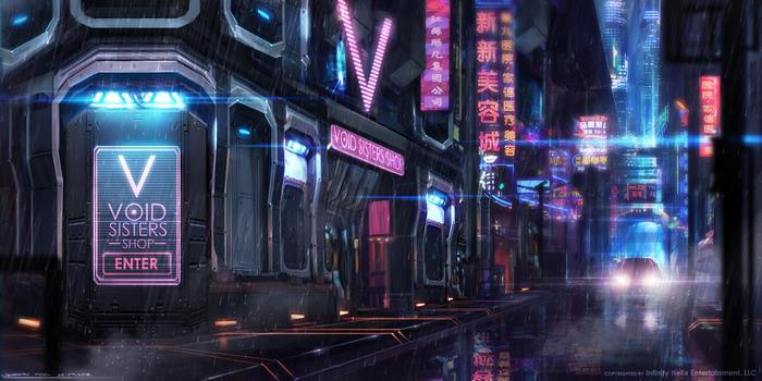 Cyberpunk city street at night with neon signs