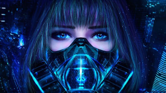Woman with futuristic mask in cyberpunk city