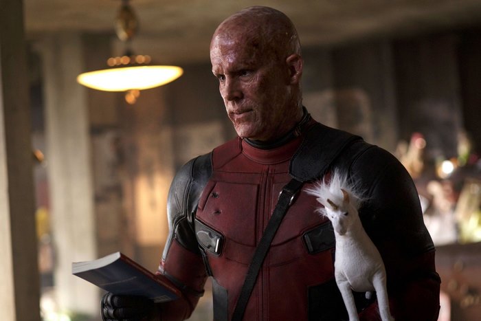 Deadpool from Deadpool 2 holding a book and a unicorn toy