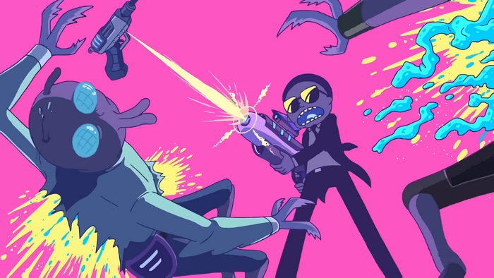 Morty from Rick and Morty in a suit shooting a gun