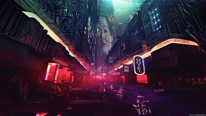 Cyberpunk city street with neon signs