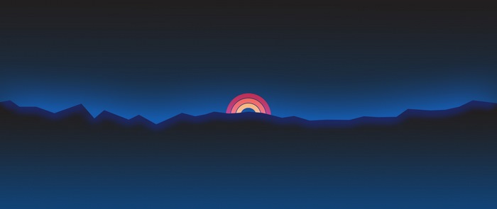 Minimalist retro sunset with rainbow over mountains