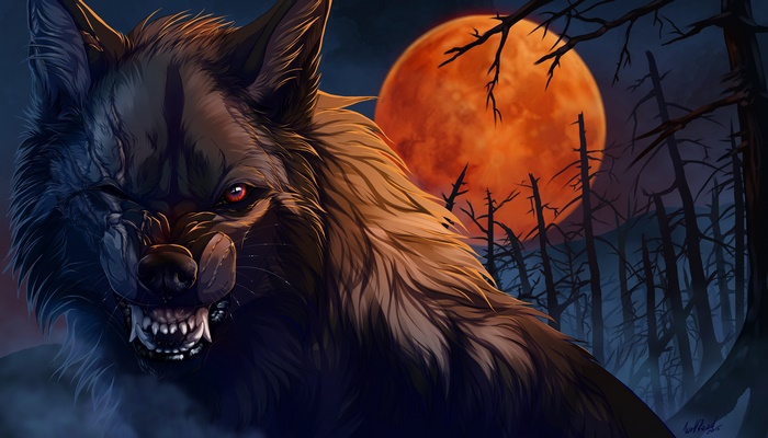 Digital art of a snarling wolf under a blood moon
