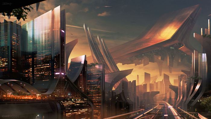 Science fiction city artwork by Izaak Moody