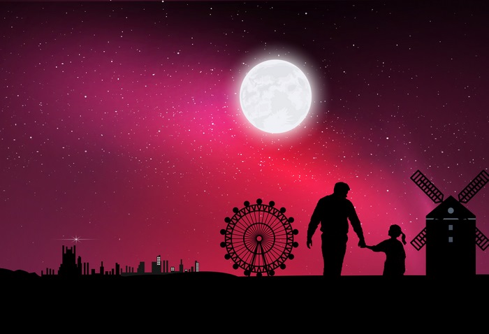 Father and daughter under the moon with Ferris wheel and windmill