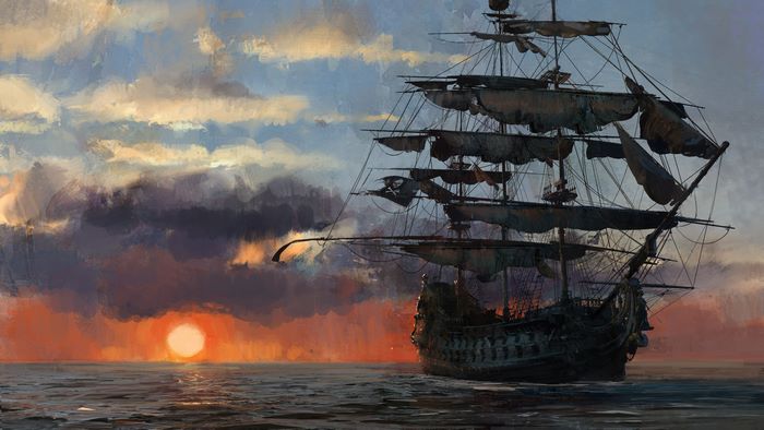 Pirate ship sailing at sunset with skull and bones flag