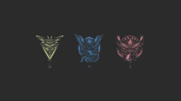 Pokemon Go Team Instinct, Mystic, and Valor logos