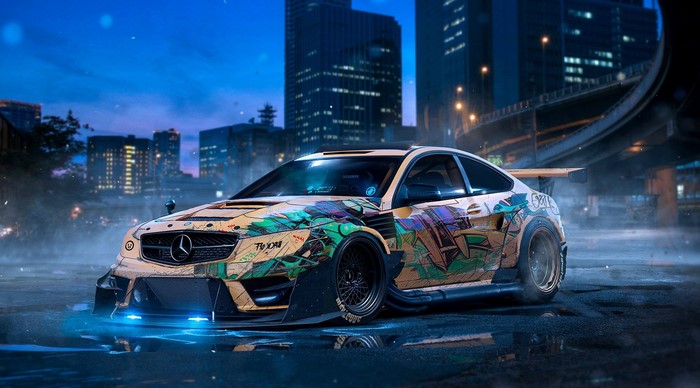 Modified Mercedes-Benz C-Class Coupe with graffiti art
