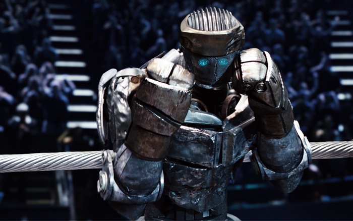 Atom from Real Steel boxing in a ring
