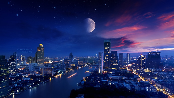 Cityscape at twilight with moon and stars