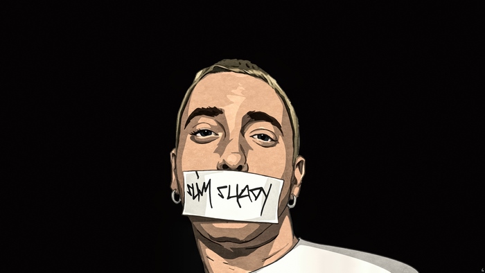 Eminem with "I'm Shady" tape over mouth