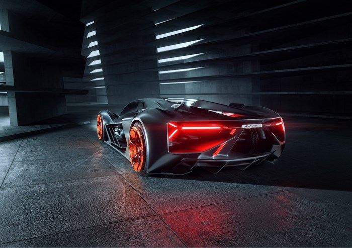Lamborghini Terzo Millennio concept car in dark setting