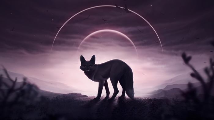 Black fox under a celestial arc and moon