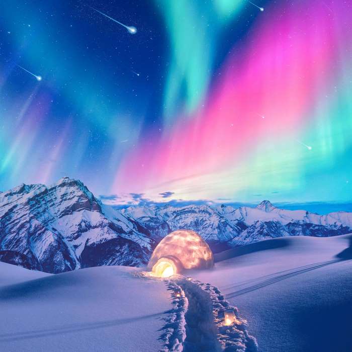 Igloo under Aurora Borealis with shooting stars