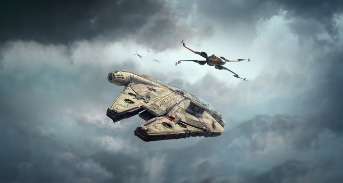 Millennium Falcon and X-Wing in cloudy sky