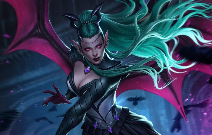 Succubus with green hair and pink eyes