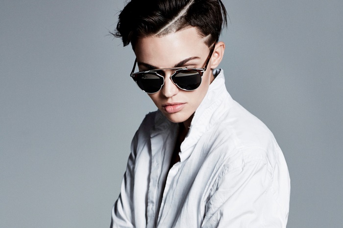 Ruby Rose wearing sunglasses and a white shirt