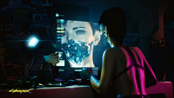 Cyberpunk 2077 character with cybernetic mask on screen