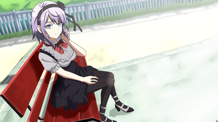 Shidare Hotaru from Dagashi Kashi sitting on a bench