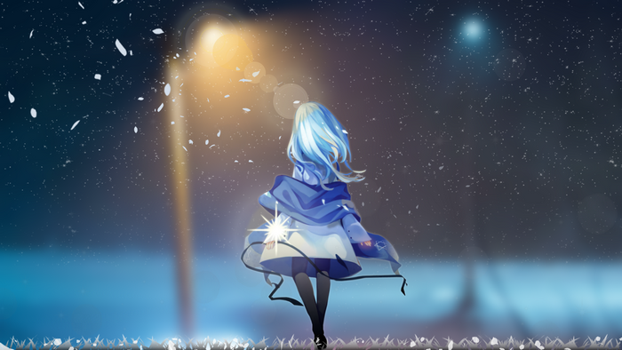 Anime girl with blue hair under a street light at night