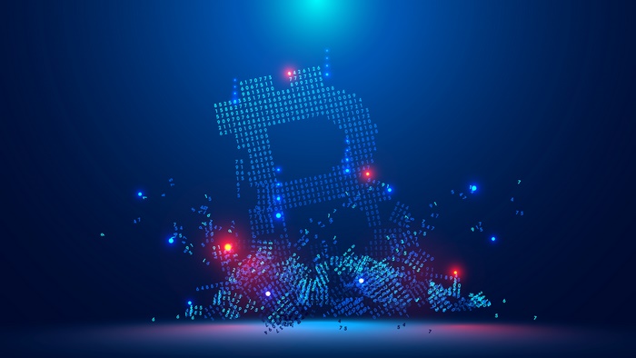 Bitcoin symbol made of numbers on blue background