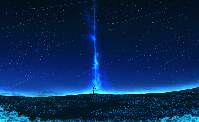 Silhouette under a starry sky with shooting stars