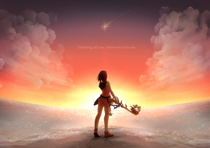 Kairi from Kingdom Hearts with a Keyblade at sunset
