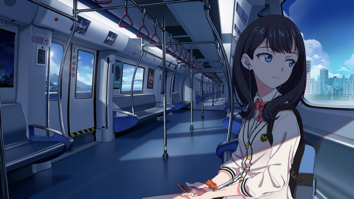 Girl in school uniform on a subway train