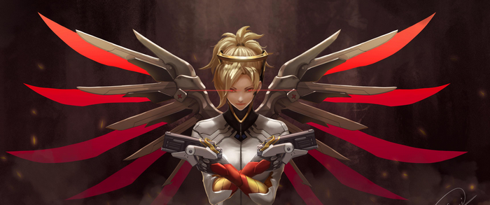 Mercy from Overwatch with wings and guns