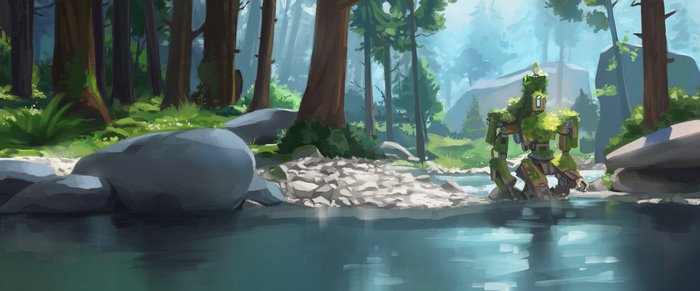 Bastion from Overwatch in a forest
