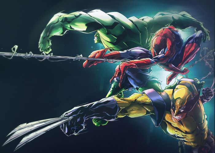 Spider-Man, Hulk, and Wolverine swinging on a web