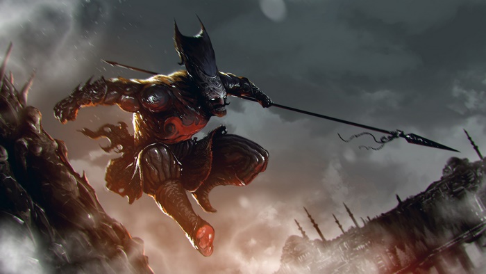 Warrior with spear in a dark fantasy landscape