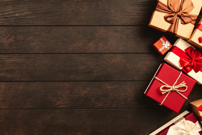 Christmas gifts on a wooden table