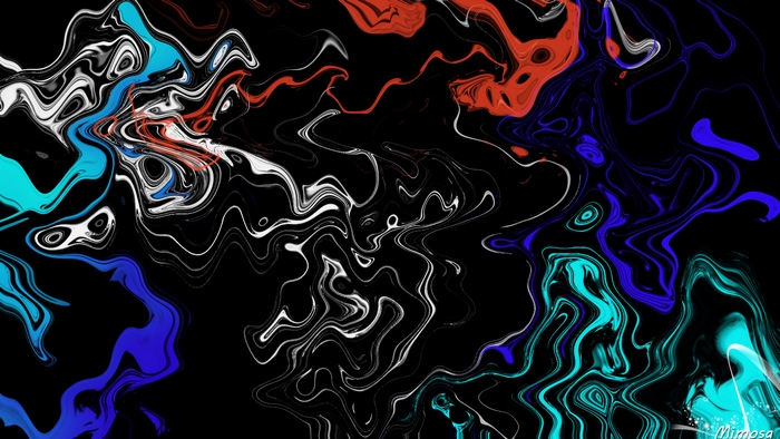 Abstract digital art with blue, white, and red swirls on black