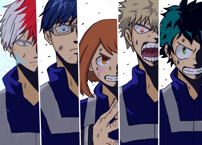 My Hero Academia characters: Shoto Todoroki, Tenya Iida, Ochaco Uraraka, Katsuki Bakugou, Izuku Midoriya